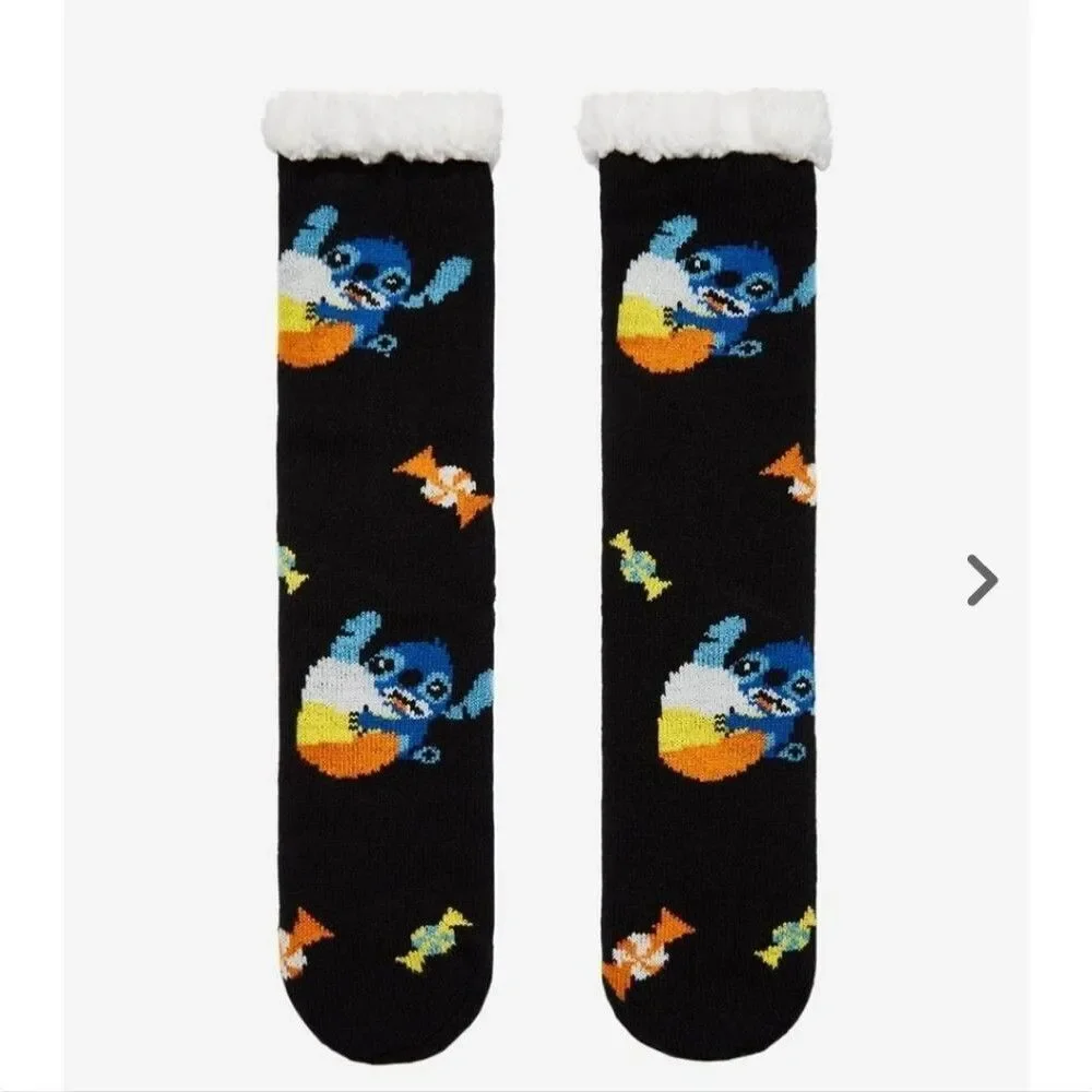 Disney Stitch Halloween Candy Corn Cozy Slipper Socks Faux Fur OS Shoe 4-10 New